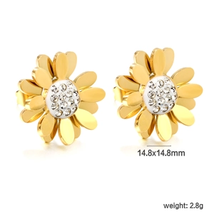 Boucles d'oreilles marguerite dorées avec strass blancs, taille 14,8x14,8mm