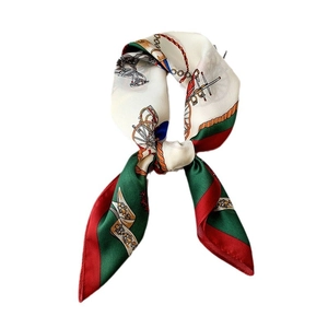 Silk-like square scarf with vintage equestrian chain patterns in green and red