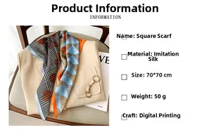 Detail of 70x70cm faux silk square scarf with houndstooth print on beige blazer