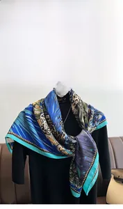Macro detail of twill silk scarf showing leopard print and starry blue patterns