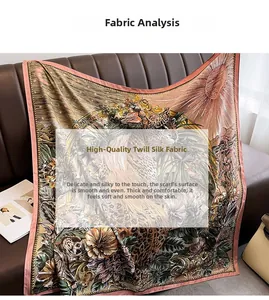 Detail of silk-like twill scarf with vintage floral and leopard print on a brown leather sofa