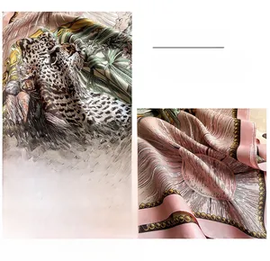 Detail of floral leopard print scarf showing high-quality hemmed edges and silky fabric