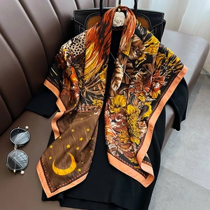 Detail of floral and leopard print scarf with silky texture and natural patterns