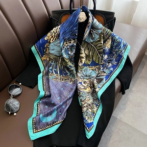 Artistic forest floral print square scarf in silky fabric for autumn and winter warmth
