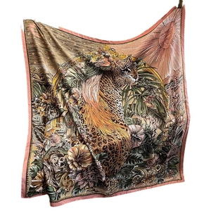 Artistic forest jungle leopard print square scarf with tropical floral patterns and pink border