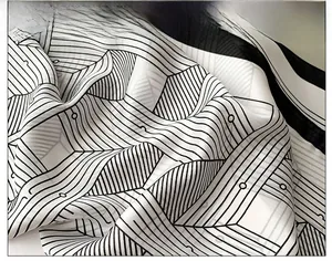 Close-up of fine overlock stitching and smooth texture on black and white silk scarf