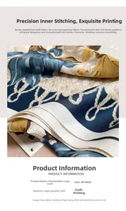 Close-up of a 90x90cm premium twill scarf featuring blue floral and gold rope prints