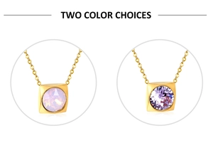 Detail view of square zircon pendant necklaces in pink and purple with gold chains