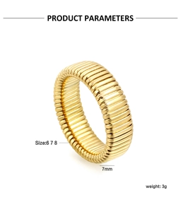 Detail view of 7mm gold tubogas ring with ribbed texture showing product parameters