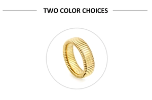 Detailed close-up of a gold-colored ring with a unique threaded and pleated metal texture