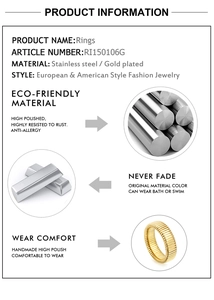 Detail view of gold plated stainless steel ring with product specifications and material info