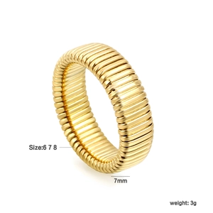 7mm wide gold plated stainless steel ring with vintage horizontal ribbed texture pattern