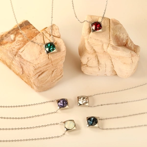 Square crystal pendant necklace set in multiple colors on minimalist silver chain