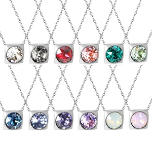 Square pendant necklace set in twelve colors with stainless steel chains and crystals