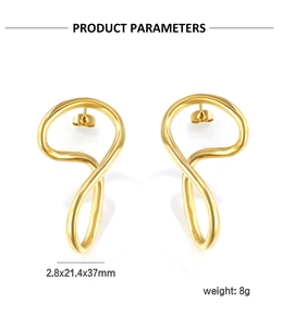 Technical drawing showing 2.8x21.4x37mm dimensions of irregular gold wavy earrings