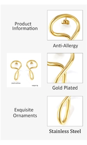 Detailed view of abstract gold-plated stainless steel earrings with size specifications