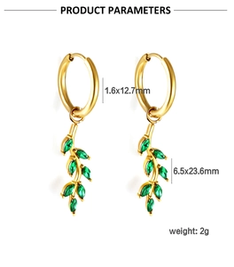Detailed view of leaf earrings with green zircon stones and dimensions 6.5x23.6mm