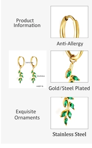 Macro detail of leaf drop earrings with green zircon and 1.6x12.7mm ring size info