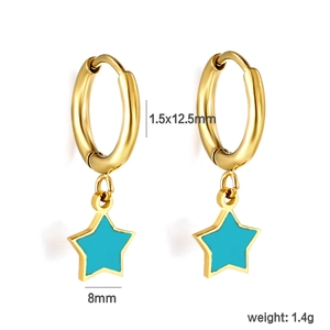 Detail of 1.5x12.5mm gold hoop earrings with 8mm blue star charms and 1.4g weight info