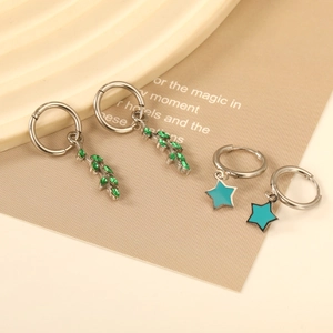 Stainless Steel Leaf Star Hoop Earrings With Green Zircon And Blue Enamel Dangle Jewelry For Women