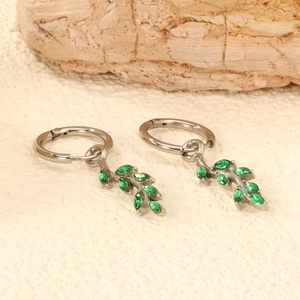 Elegant stainless steel leaf earrings with green marquise crystals and star branch accents