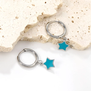 Elegant stainless steel star earrings with sky blue enamel inlay on stone prop