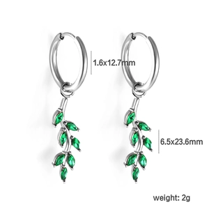 Silver leaf drop earrings with green marquise stones and polished hoops for women