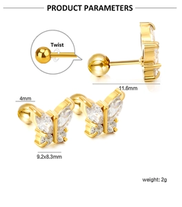 Macro view of gold butterfly stud earrings with dimensions and twist-back design details