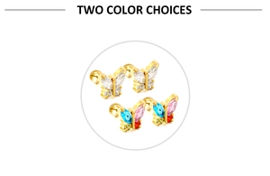 Detail view of gold butterfly stud earrings with zircon inlay and ball screw back closure
