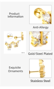 Detail of gold plated stainless steel butterfly stud earring with marquise zircon and twist back