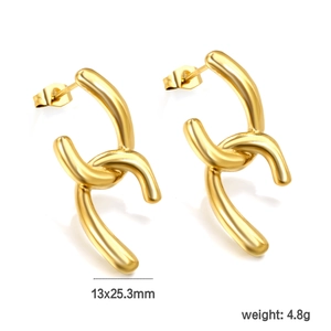 Detailed view of gold irregular geometric knot earrings with size and weight specs