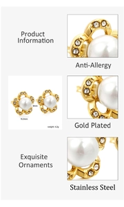 Macro detail of 15.3mm gold plated flower earrings with 8mm pearls and small crystals