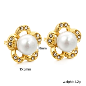 Elegant 15mm gold flower stud earrings with 8mm pearl and sparkling zircon accents