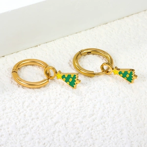 Boucles d'oreilles créoles en acier doré avec pendentif sapin de Noël vert et étoile