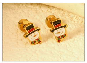 Detailed macro view of a snowman earring featuring white enamel and gold-toned metal base