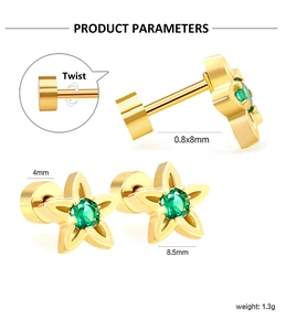 Detailed size chart for gold star earrings with green zircon and screw-back design