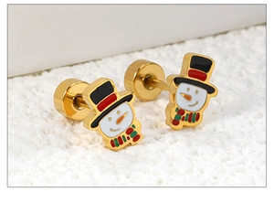 Macro shot of snowman stud earrings with colorful oil drip finish on gold metal base