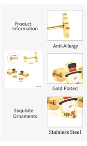 Detailed macro view of gold-plated snowman studs with twist-back anti-allergy posts