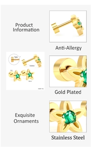 Detailed view of gold plated flower stud earring with green gemstone and twist lock
