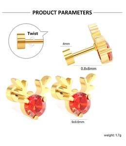 Paramètres détaillés des boucles d'oreilles renne dorées avec zircon rouge et fermoir à vis