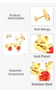 Détails des boucles d'oreilles renne en acier plaqué or avec zircon rouge et fermoir à vis
