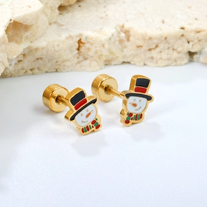 Festive gold snowman stud earrings with colorful enamel and secure screw back closure