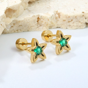 Star-shaped gold earrings with green gemstone inlays and flat back screw design