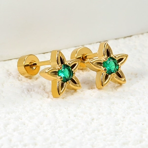 Star-shaped gold stainless steel stud earrings with green zircon and screw-back closure