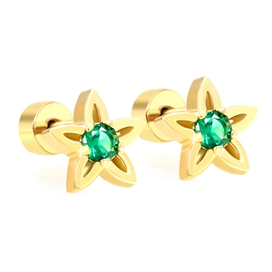 Elegant gold five-pointed star earrings with a vibrant green central zircon gemstone