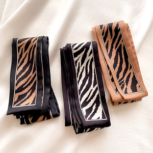 Women Narrow Skinny Satin Feel Scarf Animal Print Leopard Zebra Pattern Decorative Bag Wrap Necktie Hair Band
