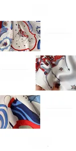Detail close-up of digital print silk-like scarf featuring horse and star patterns