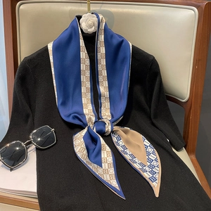 Elegant navy blue silk scarf with beige borders and letter B monogram pattern