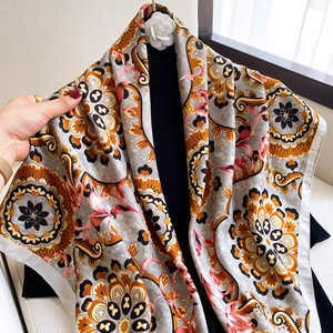 Floral print oversized long shawl scarf with elegant mandala patterns and silk texture