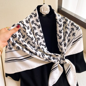Elegant white silk-touch square scarf with anchor print and black striped borders